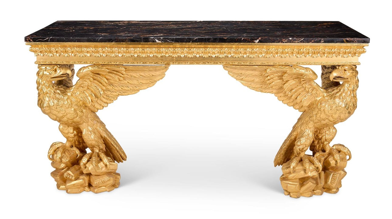 CARVED GILTWOOD CONSOLE TABLE
18TH CENTURY IN THE MANNER OF WILLIAM KENT, extremely rare piece of history