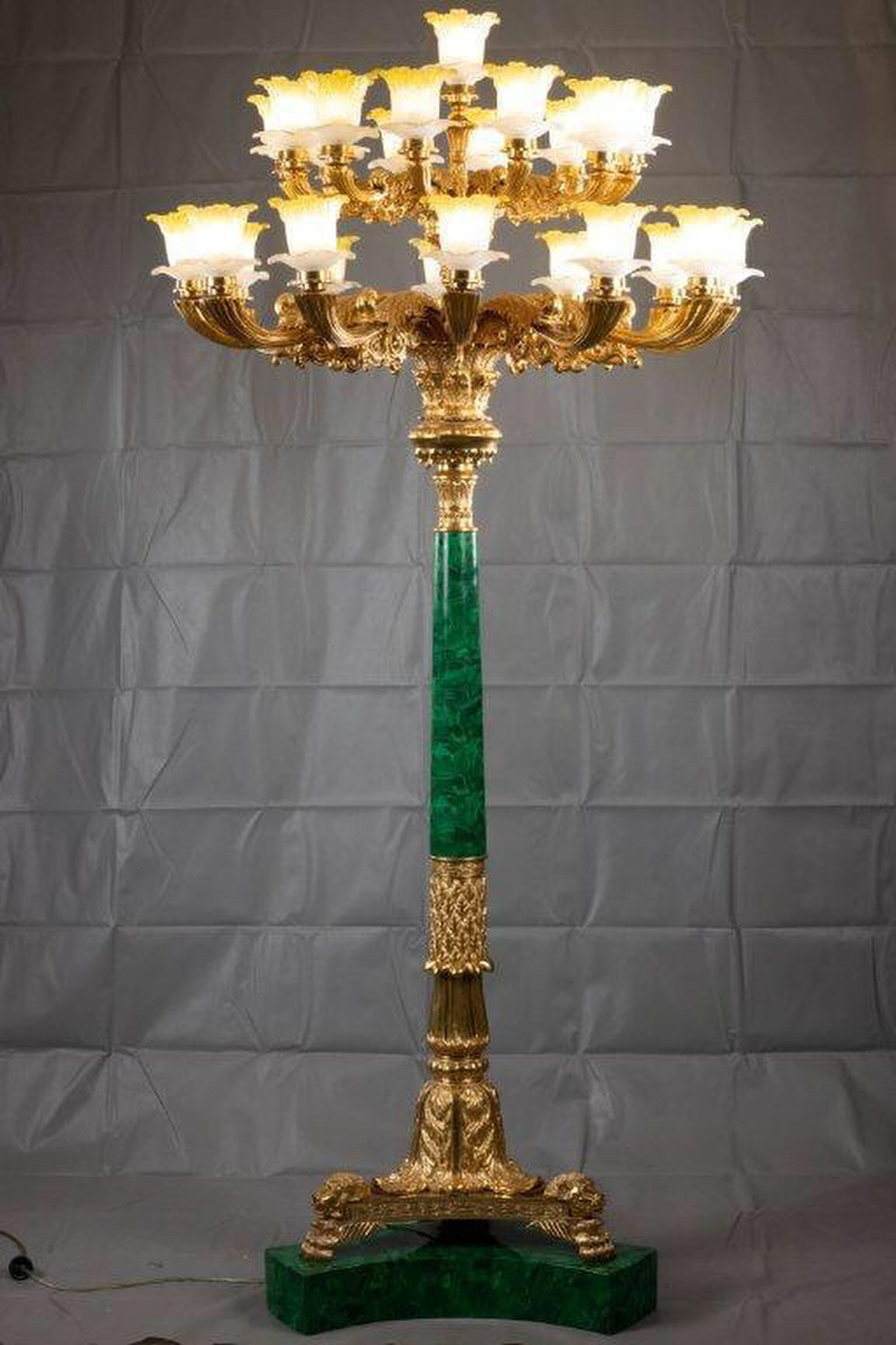 Pair of stunning, malachite and bronze, standing lamps 7ft tall (priced individually)