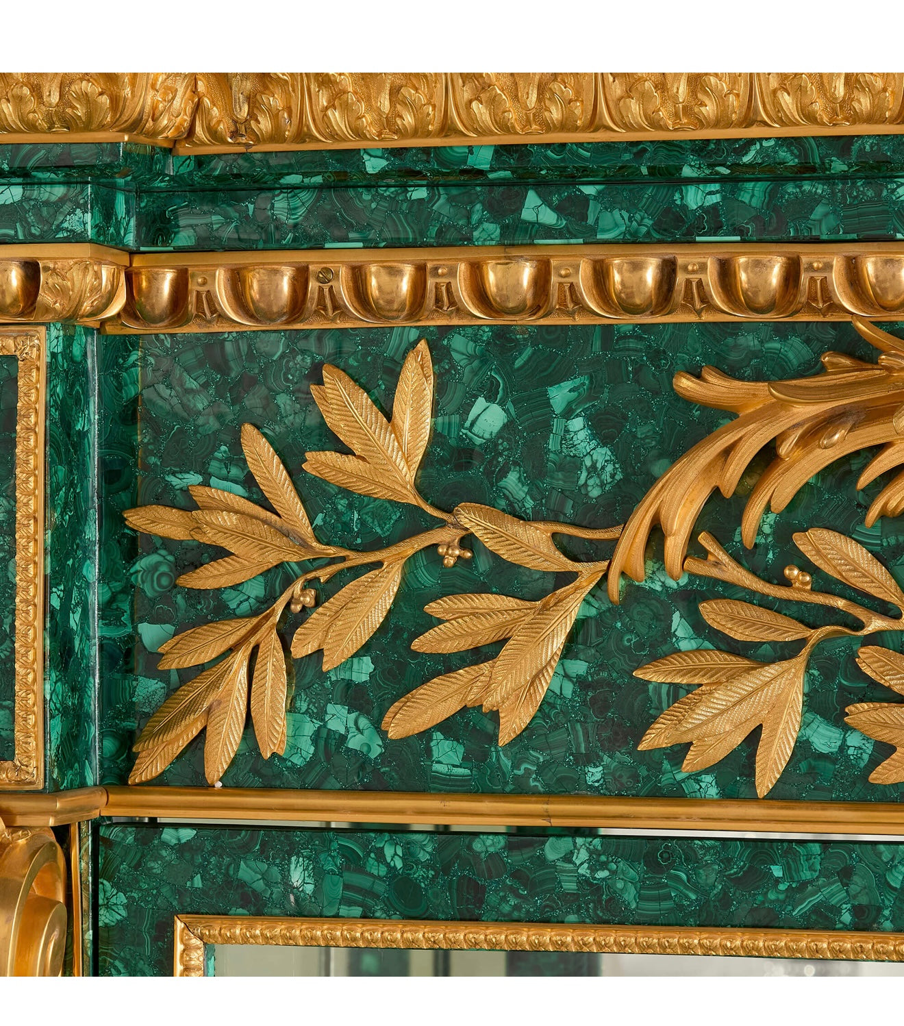 Magnificent, 1900’s, gilt bronze and malachite glass fronted French cabinet, over 12ft long