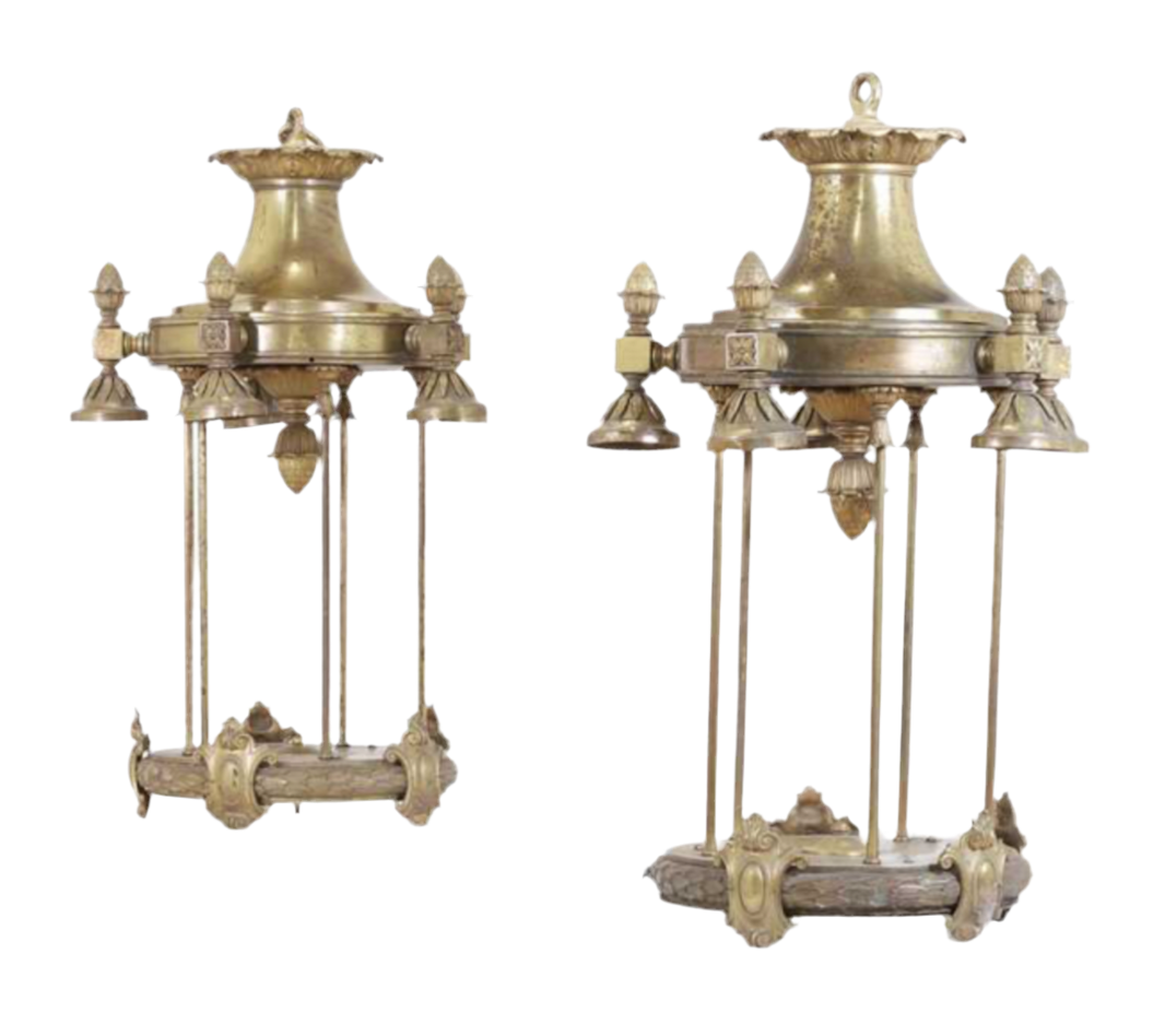 Matching pair, 19thC Louis XV, gilt bronze lanterns, all original (100x65cm)