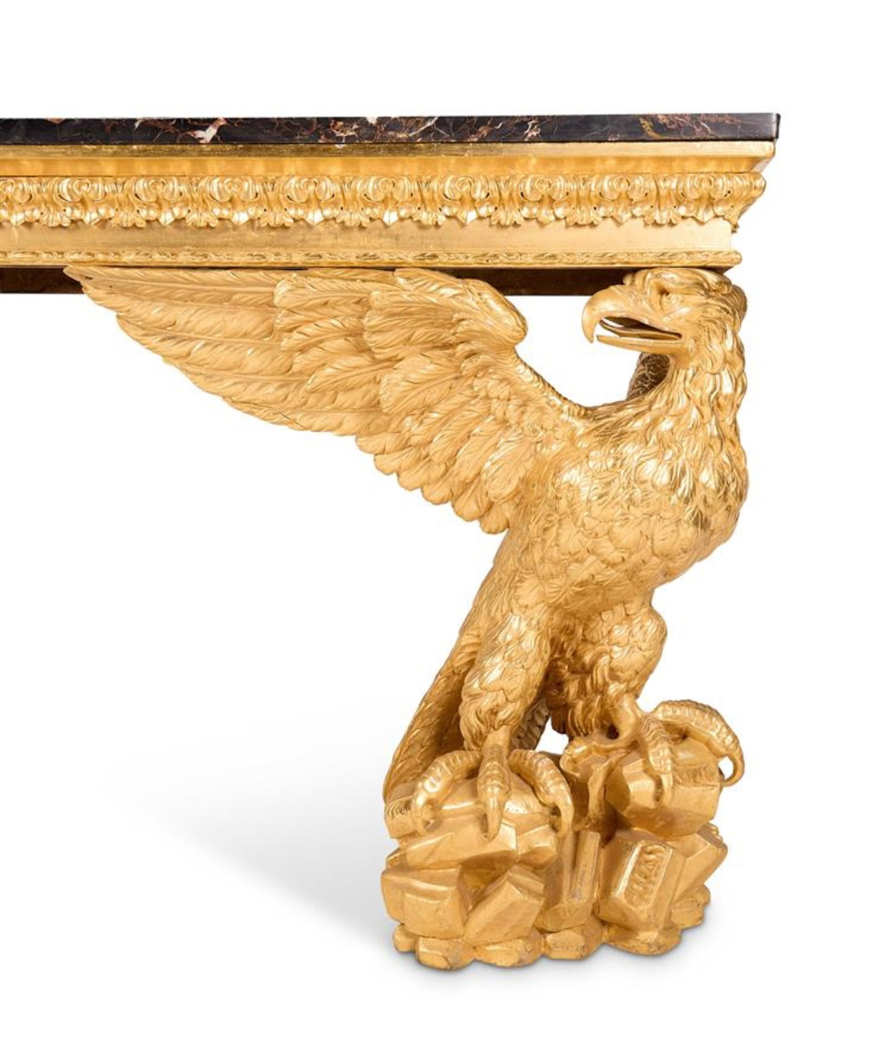 CARVED GILTWOOD CONSOLE TABLE
18TH CENTURY IN THE MANNER OF WILLIAM KENT, extremely rare piece of history