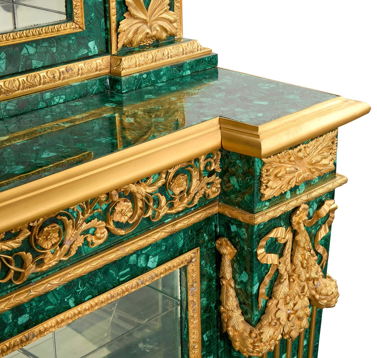 Magnificent, 1900’s, gilt bronze and malachite glass fronted French cabinet, over 12ft long