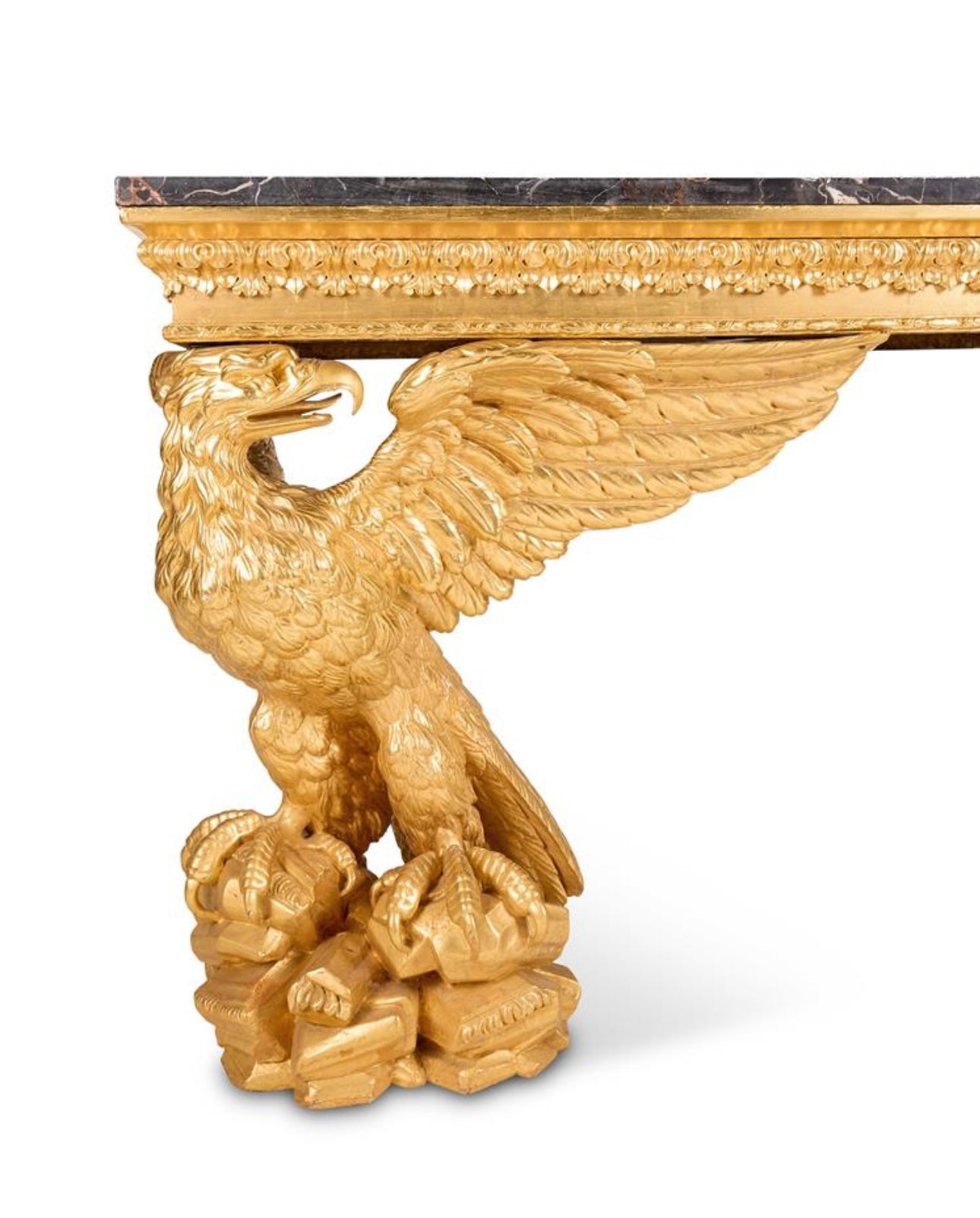 CARVED GILTWOOD CONSOLE TABLE
18TH CENTURY IN THE MANNER OF WILLIAM KENT, extremely rare piece of history