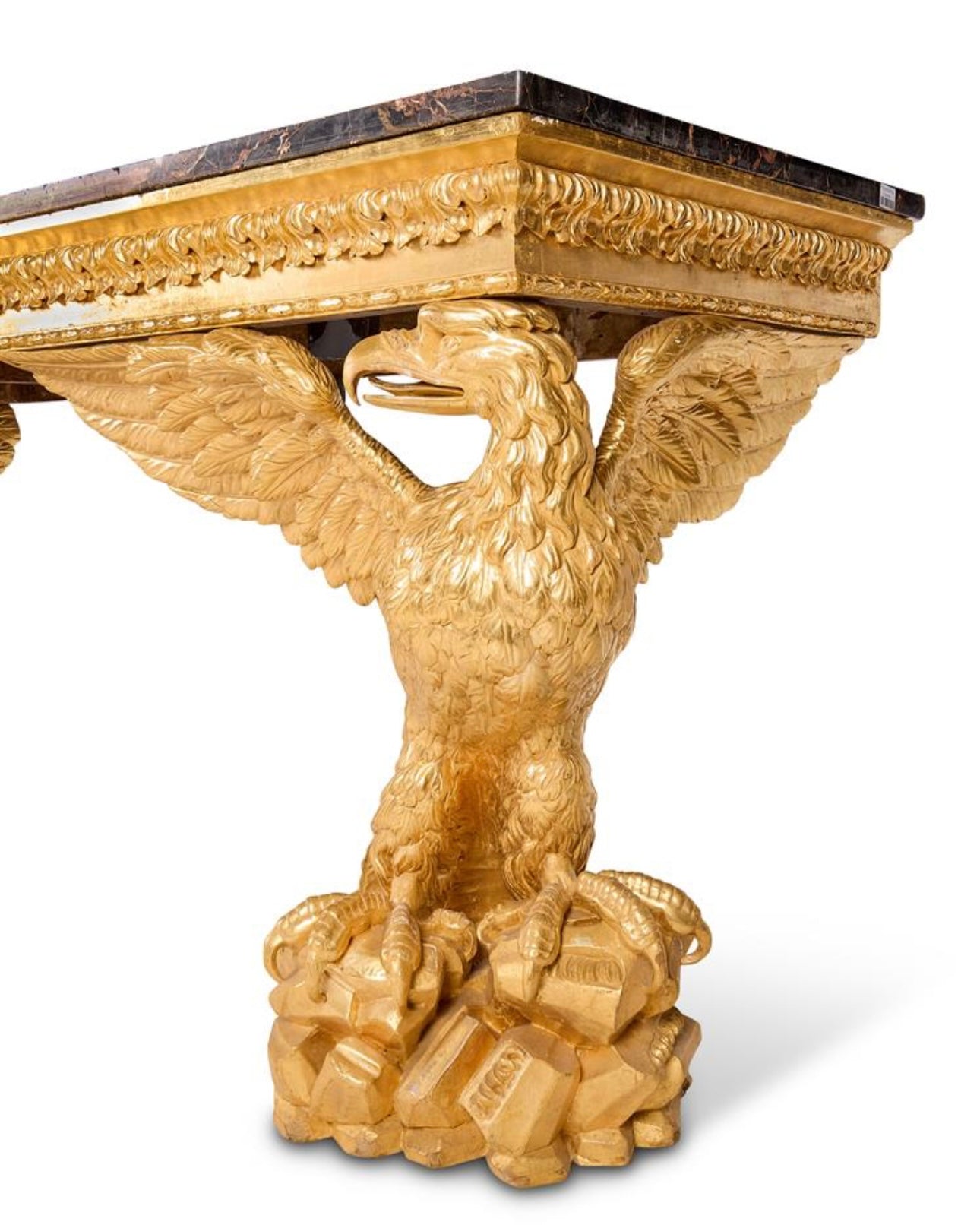 CARVED GILTWOOD CONSOLE TABLE
18TH CENTURY IN THE MANNER OF WILLIAM KENT, extremely rare piece of history