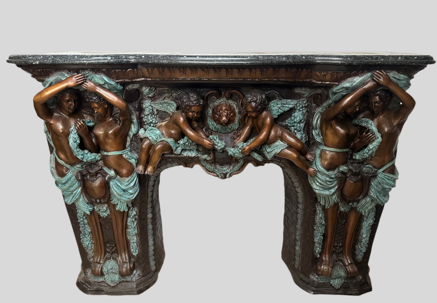 Exquisite, Italian solid bronze fireplace with marble top