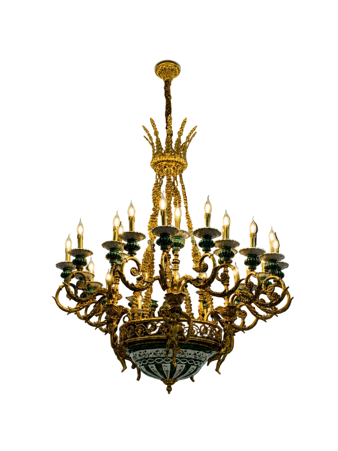 Beautiful, 1.9x1.5m malachite, porcelain and bronze chandelier (pair available)