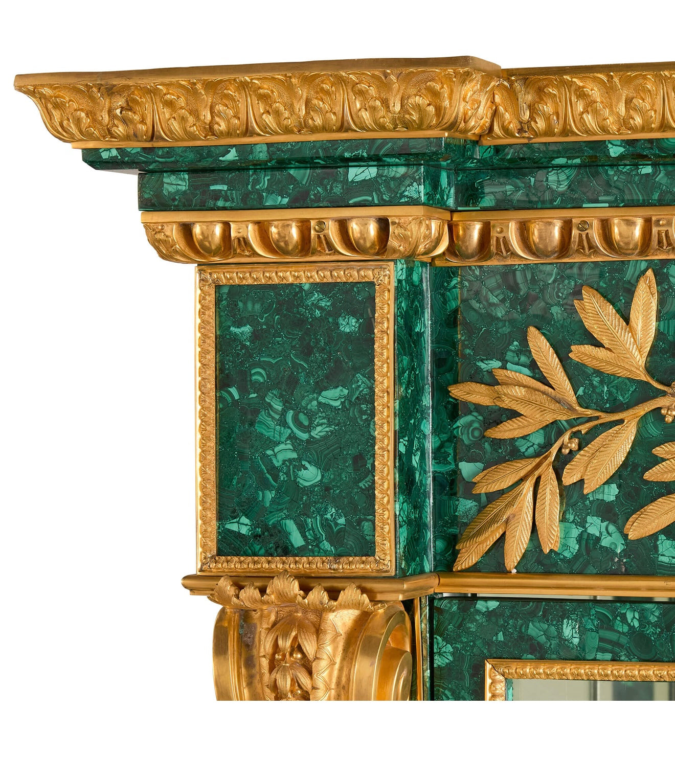Magnificent, 1900’s, gilt bronze and malachite glass fronted French cabinet, over 12ft long