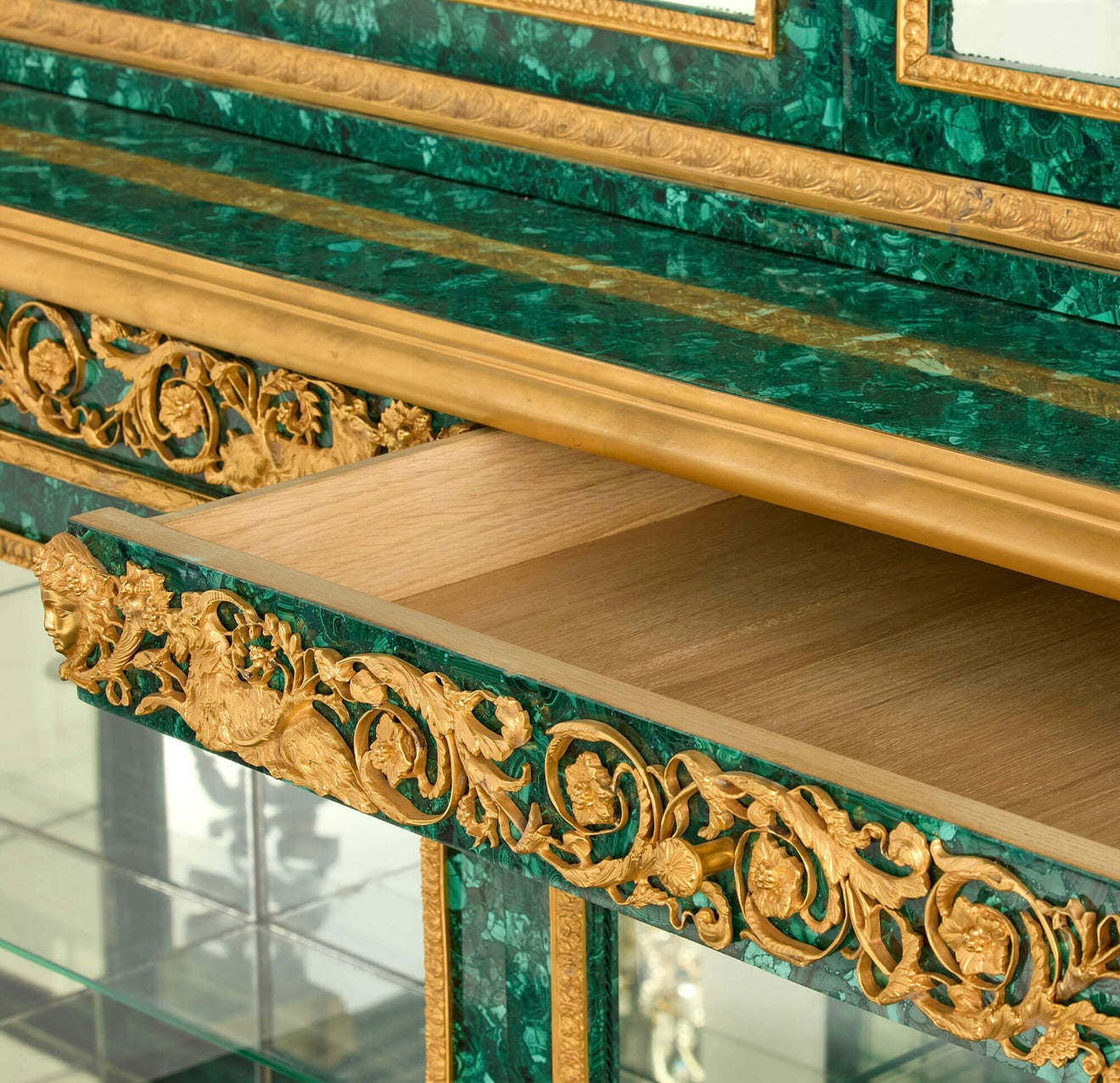Magnificent, 1900’s, gilt bronze and malachite glass fronted French cabinet, over 12ft long
