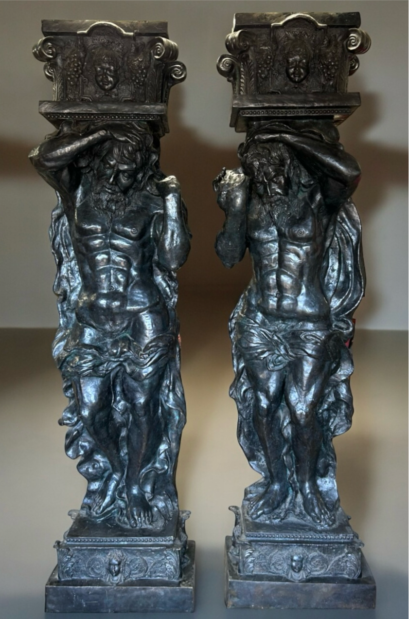 A pair of very large Bronze 19thC 'Atlas' telamon statues, Standing at 8ft tall, extremely rare.