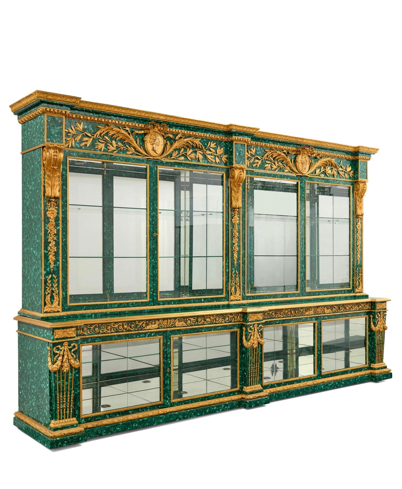Magnificent, 1900’s, gilt bronze and malachite glass fronted French cabinet, over 12ft long