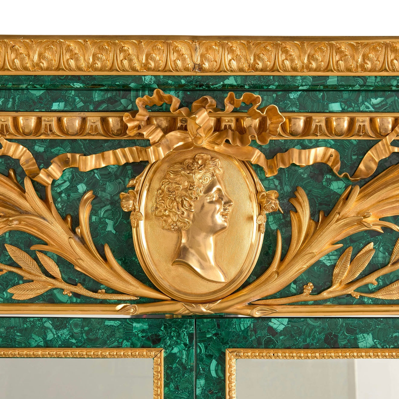 Magnificent, 1900’s, gilt bronze and malachite glass fronted French cabinet, over 12ft long