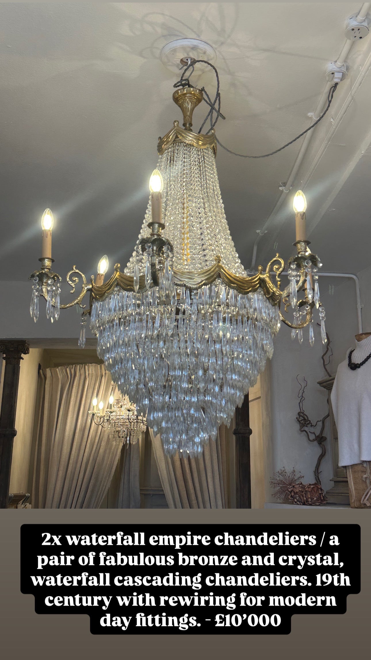Stunning, 1900’s, French crystal and bronze waterfall chandelier