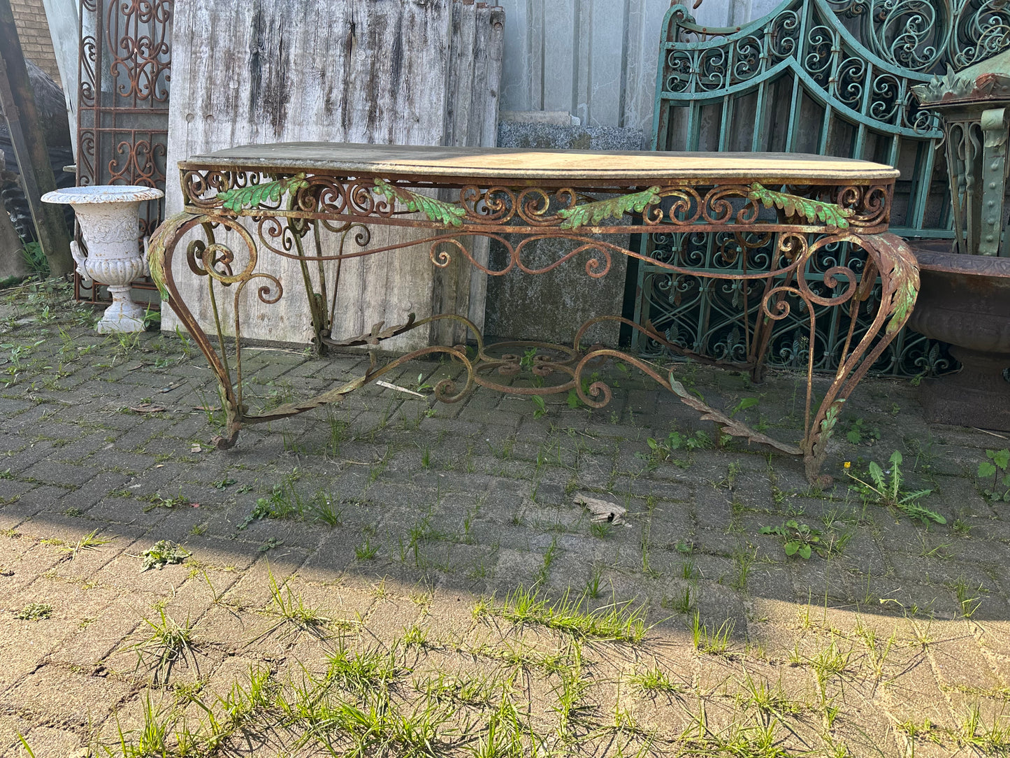 French antique, 6ft long, stone stop/metal base garden table
