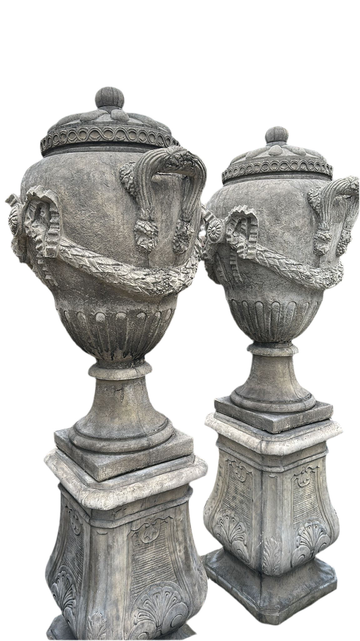 Huge pair, 7.5ft tall, decorative urns on plinths
