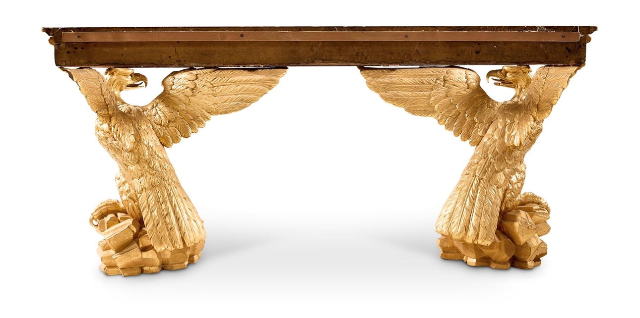 CARVED GILTWOOD CONSOLE TABLE
18TH CENTURY IN THE MANNER OF WILLIAM KENT, extremely rare piece of history