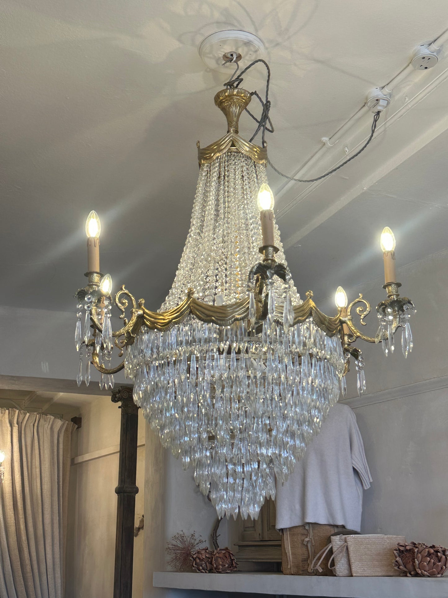 Stunning, 1900’s, French crystal and bronze waterfall chandelier