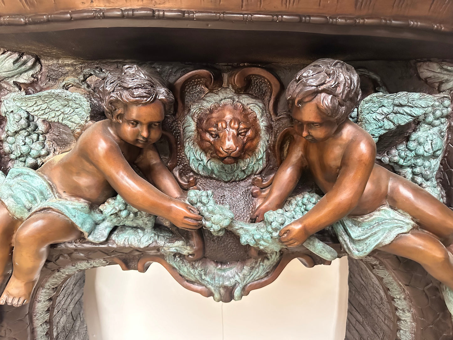 Exquisite, Italian solid bronze fireplace with marble top