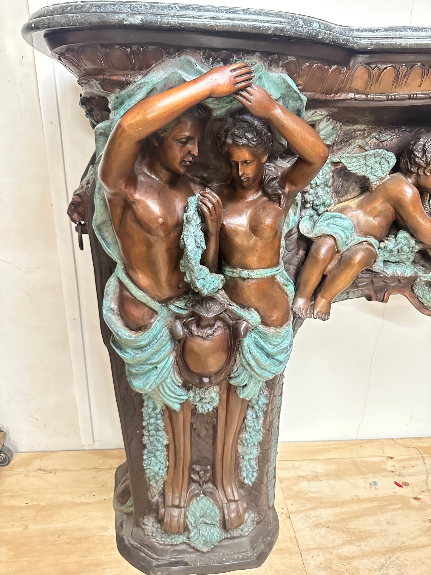 Exquisite, Italian solid bronze fireplace with marble top