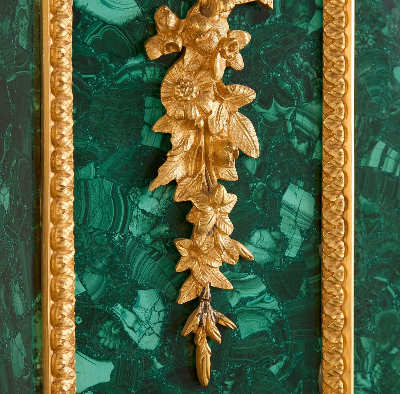 Magnificent, 1900’s, gilt bronze and malachite glass fronted French cabinet, over 12ft long