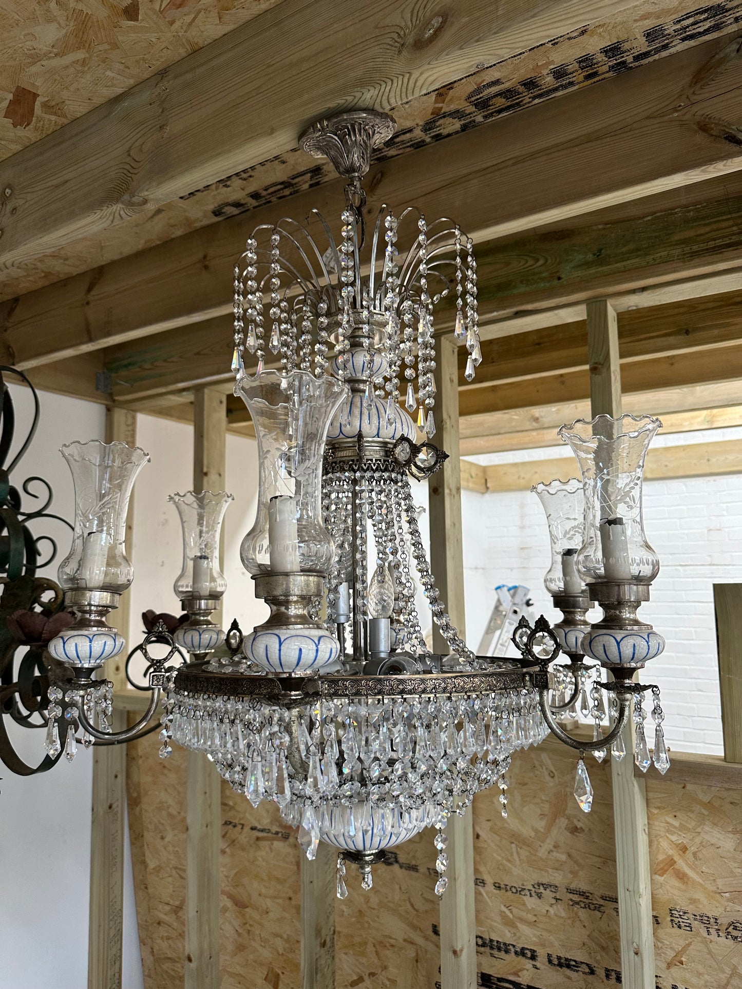 French antique crystal and porcelain, chandelier