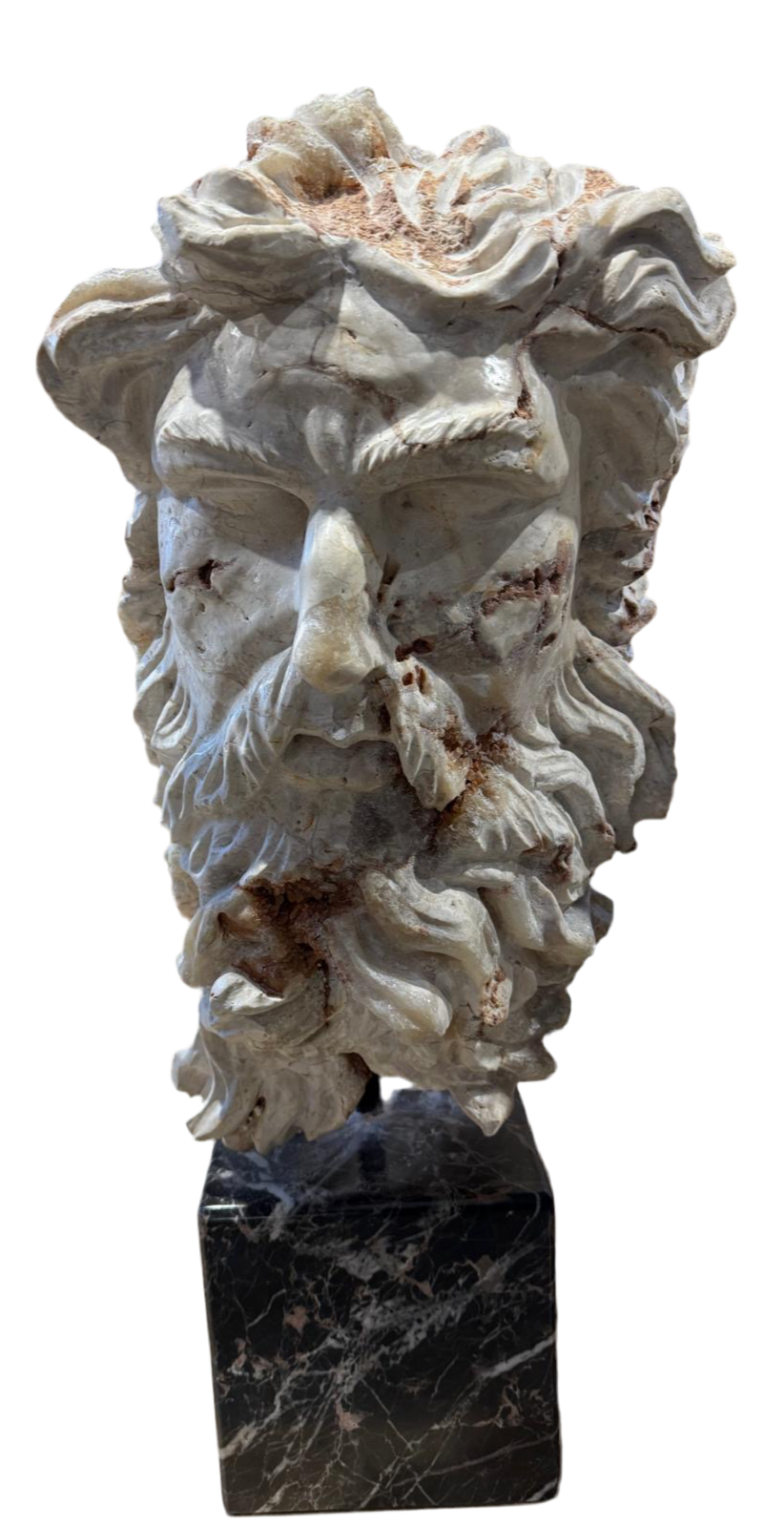 Impressive, 1 piece, hand carved solid calcite crystal Greek God, Zeus, on marble plinth