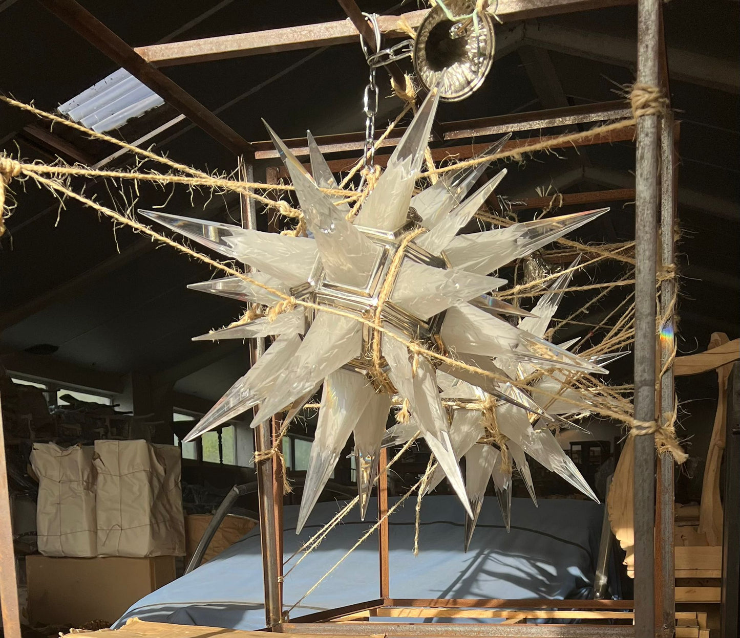 Beautiful rock crystal Moravian star, Italian chandelier by Vossion (pair available)