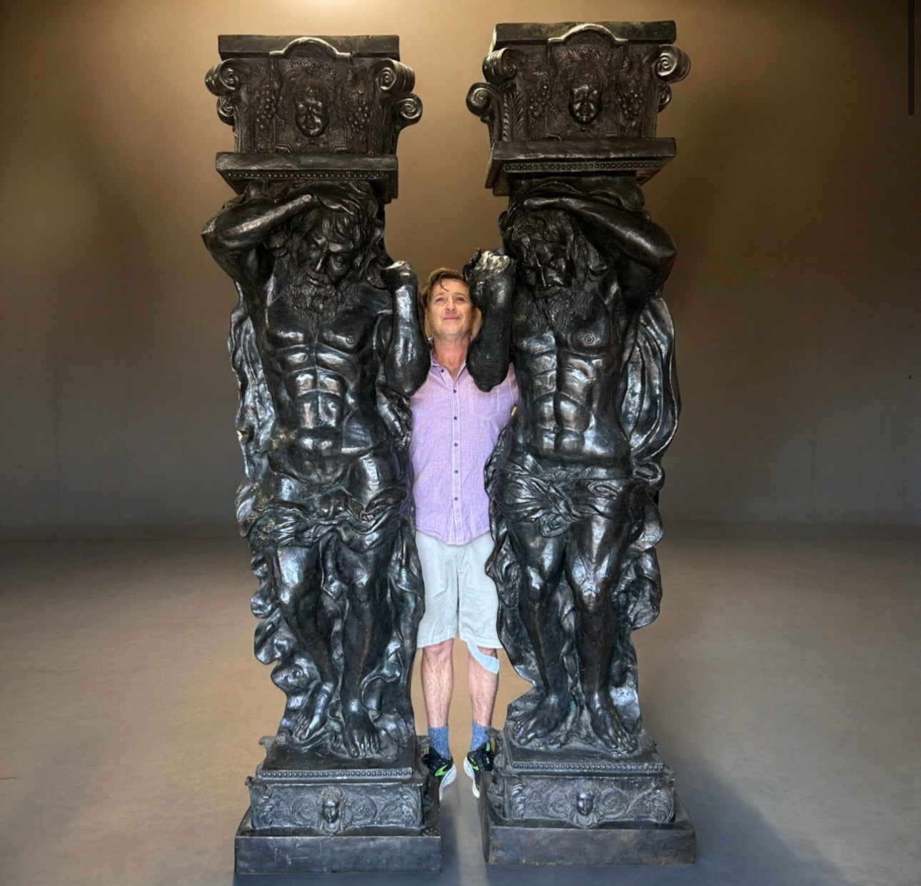 A pair of very large Bronze 19thC 'Atlas' telamon statues, Standing at 8ft tall, extremely rare.