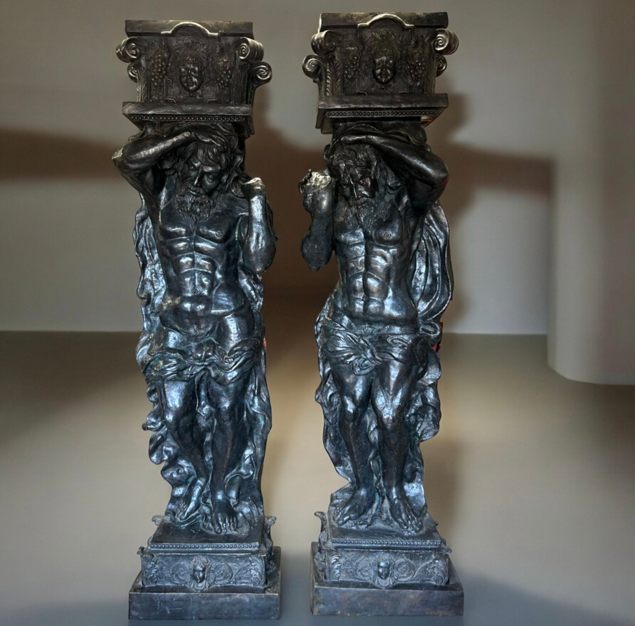 A pair of very large Bronze 19thC 'Atlas' telamon statues, Standing at 8ft tall, extremely rare.