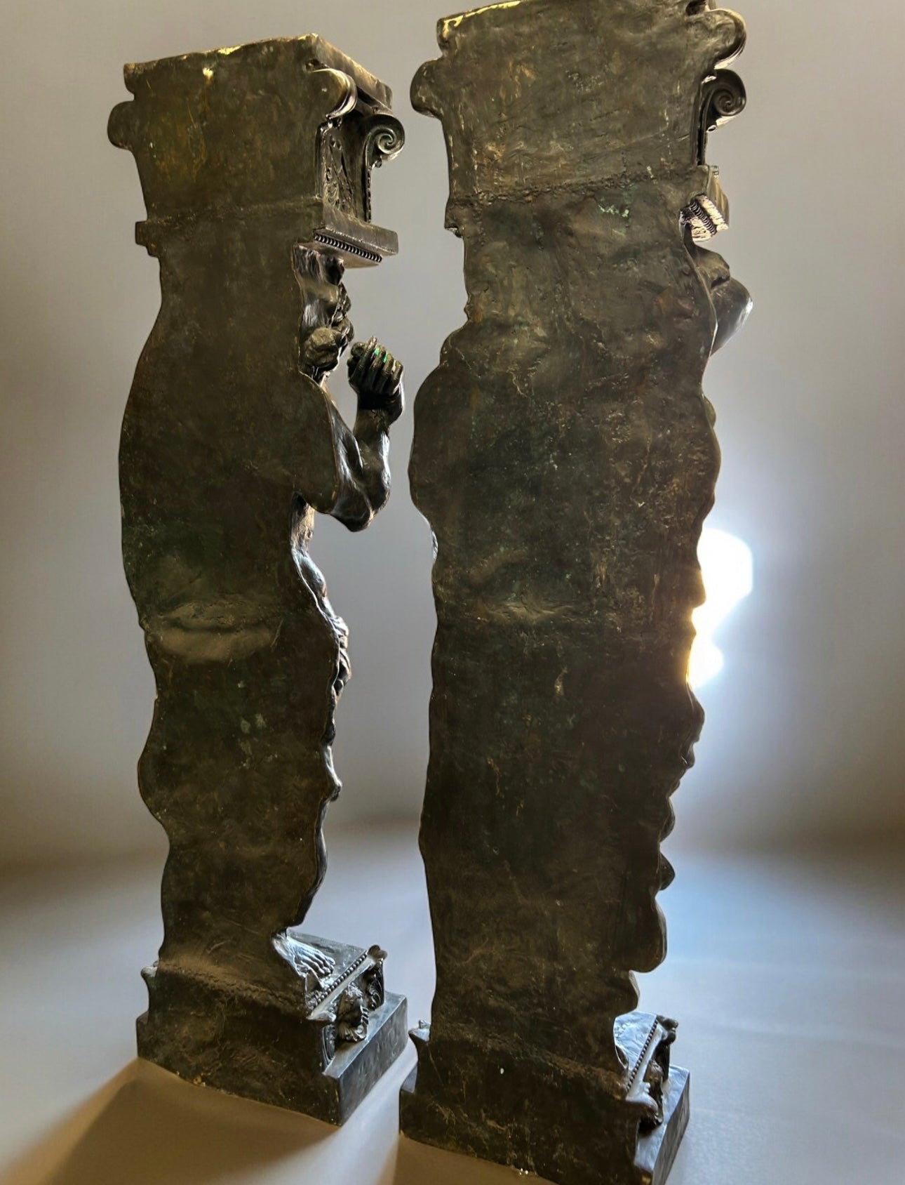A pair of very large Bronze 19thC 'Atlas' telamon statues, Standing at 8ft tall, extremely rare.