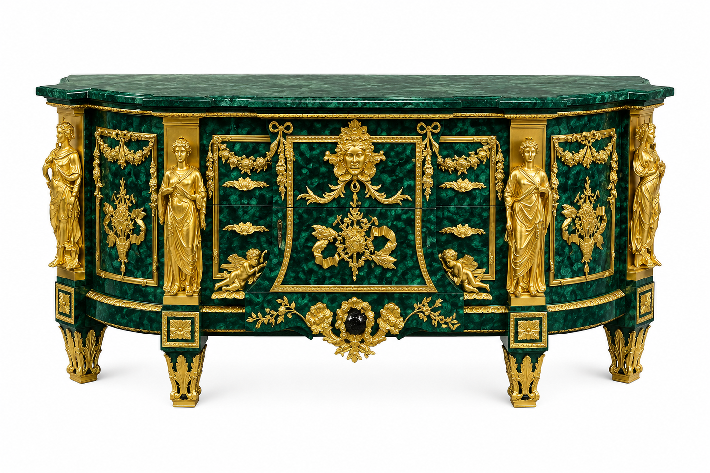Exceptional, 1.9m long, French antique malachite and bronze decorated buffet/sideboard