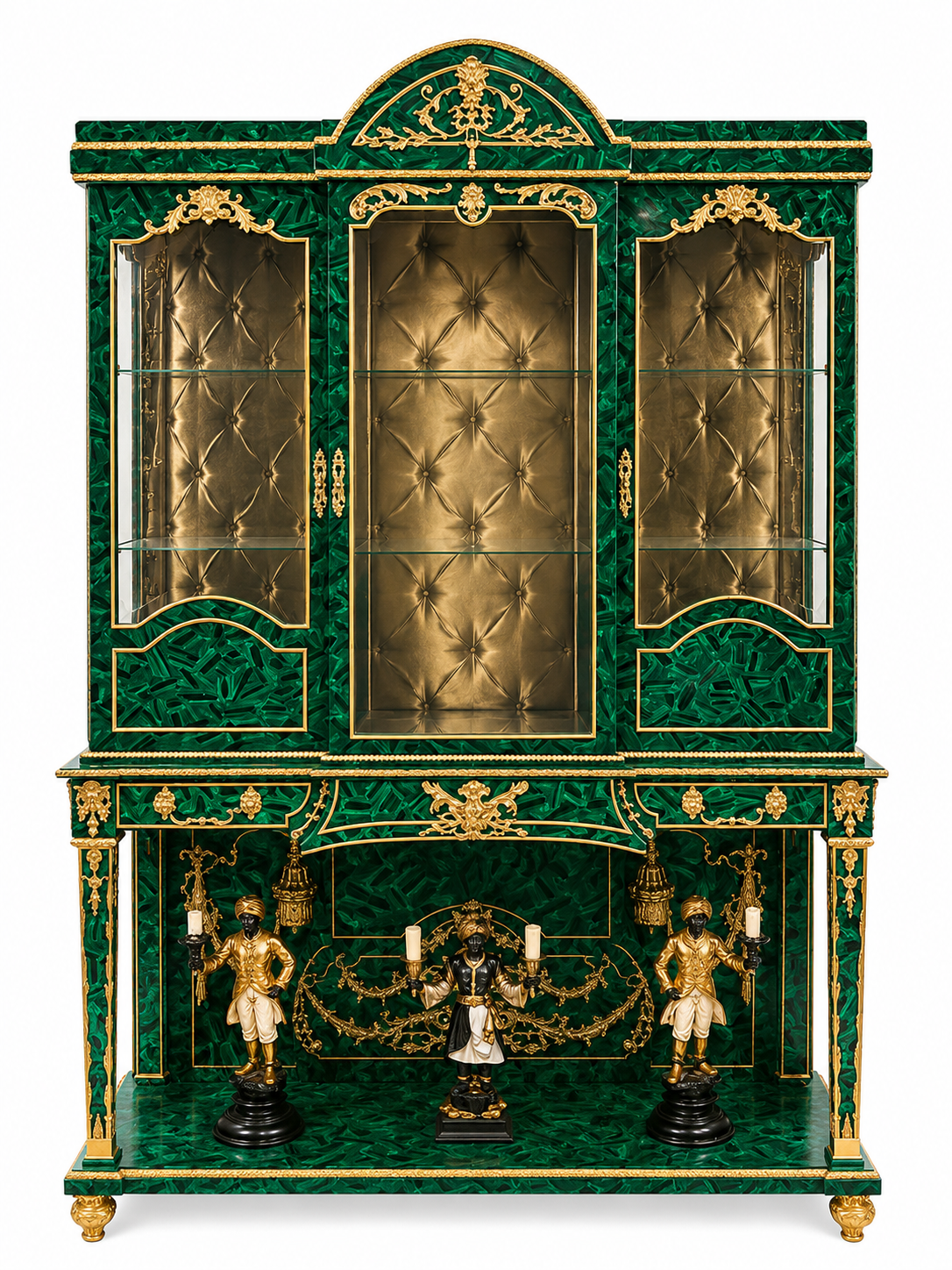 Stunning French antique malachite display cabinet with open bottom, 165x220cm