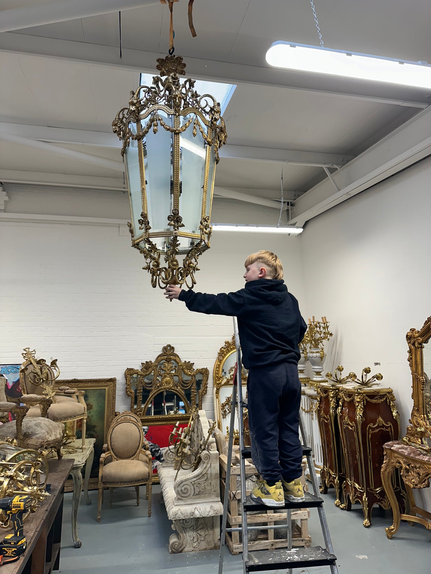 Extremely rare, bronze antique lanterns with gargoyle decorations and etched glass (pair available)