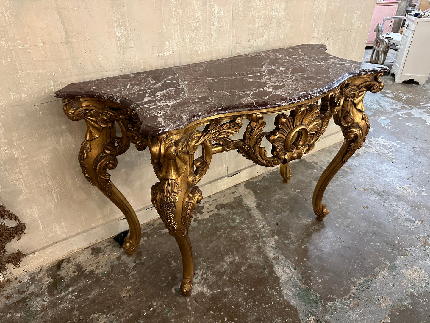 Fantastic antique French gilt wood console table with marble top (pair available)