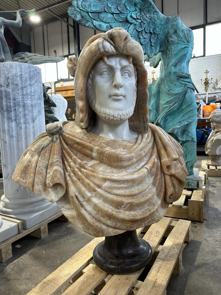 Infamous, Russian solid marble bust in stand, one of a kind