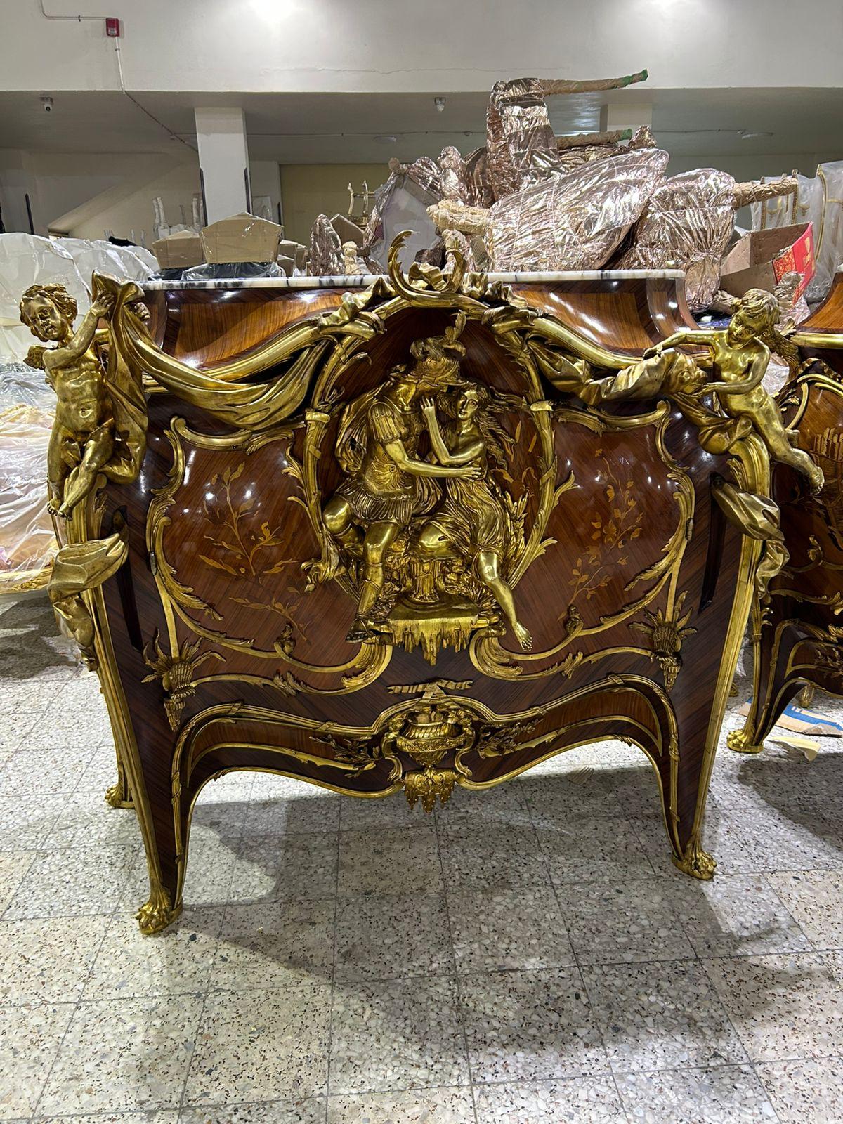 Pair of, Linke, French antique inlaid and bronze, buffets