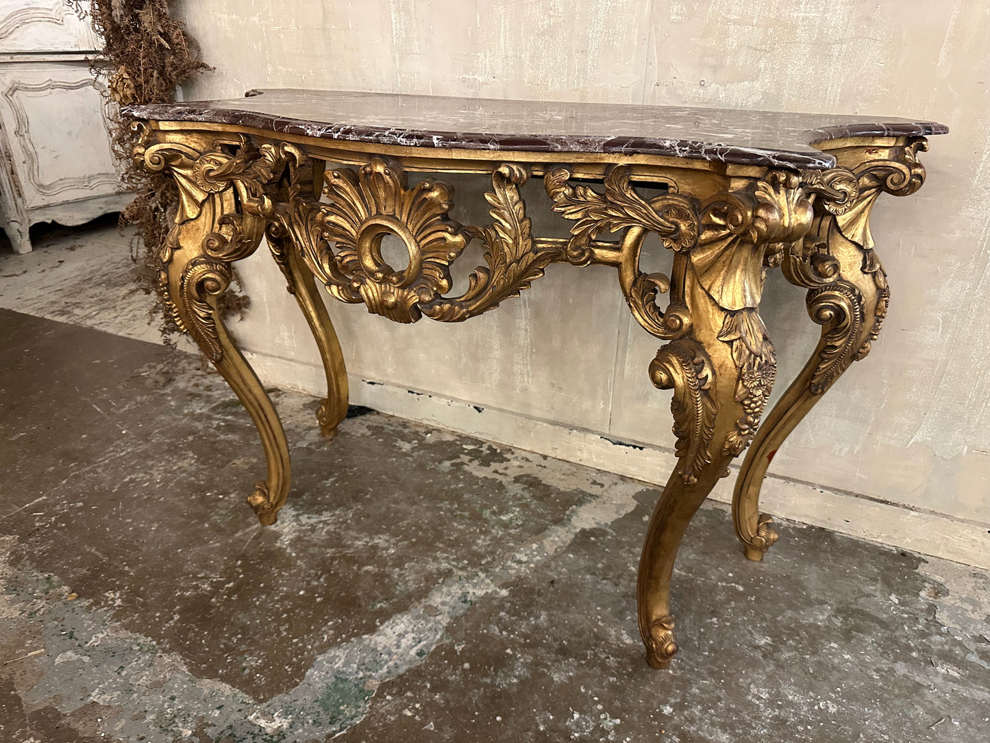 Fantastic antique French gilt wood console table with marble top (pair available)