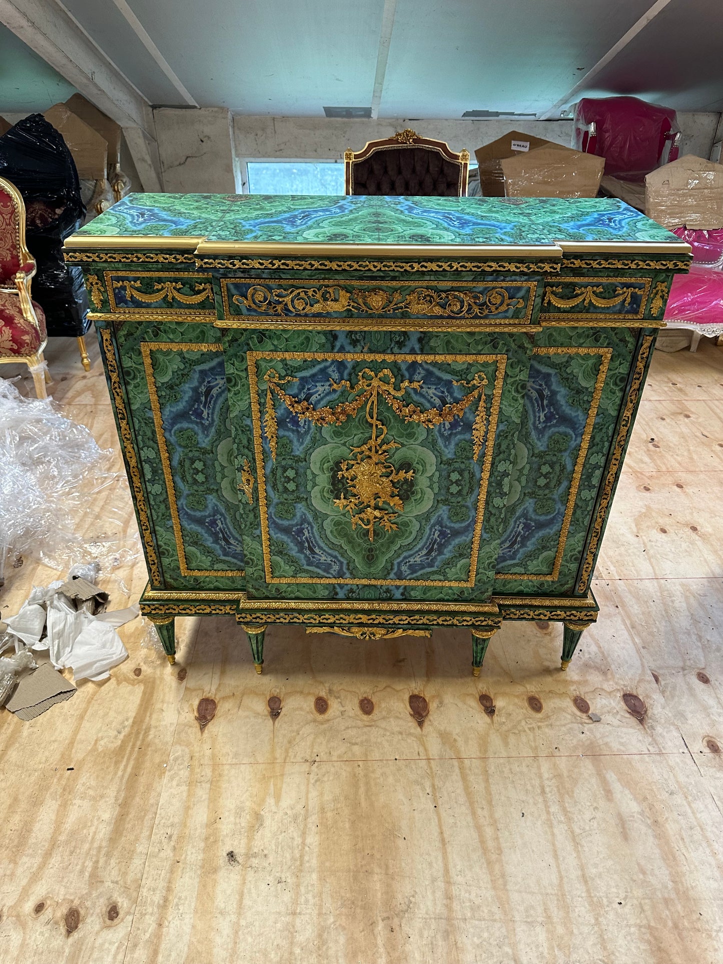 Stunning, French Louis XV, malachite coated pier cupboard