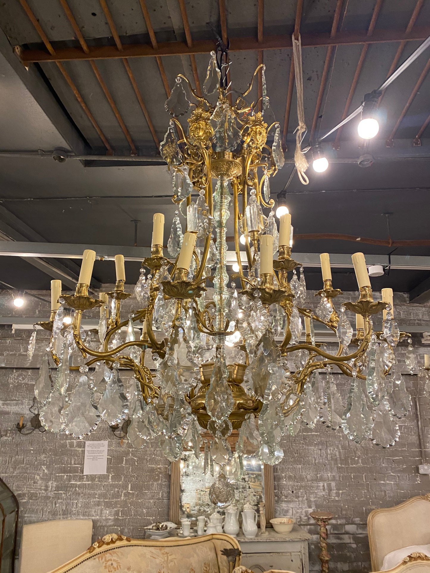 Fantastic pair of French bronze/crystal chandelier with lady head details