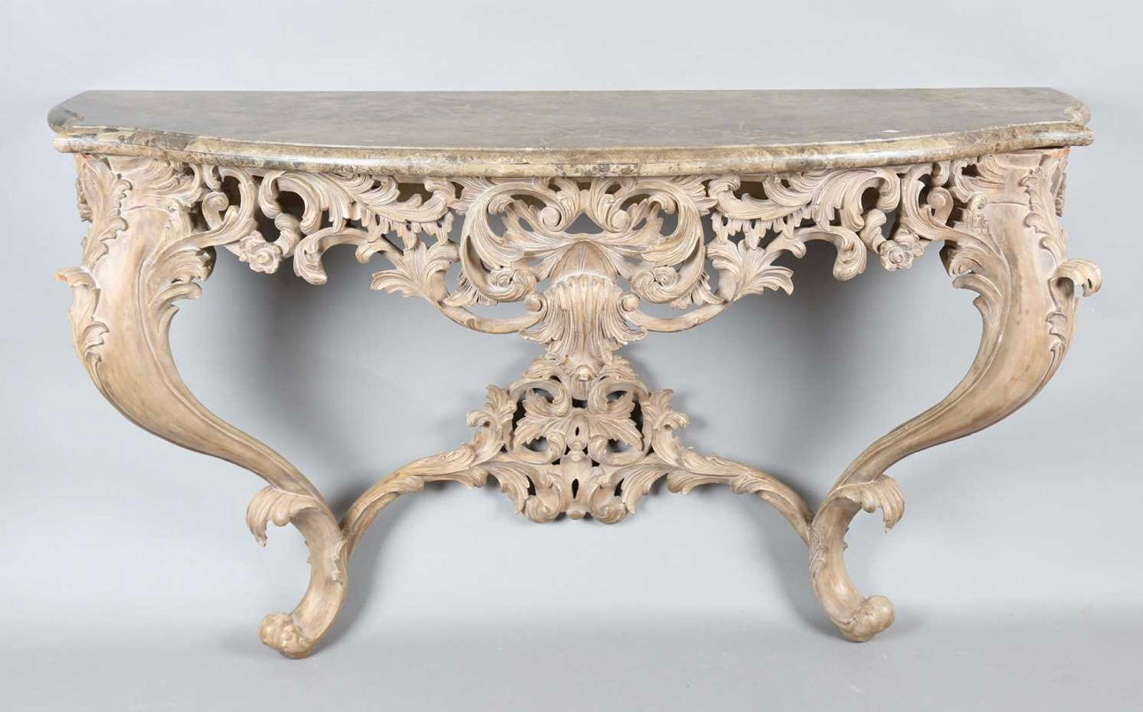 Matching pair of, French antique rococo 19thC marble top painted console tables (priced individually)