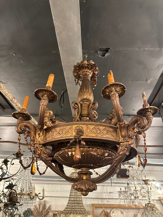 Stunning, Napoleon III, carved gilt wood chandelier with amber crystals