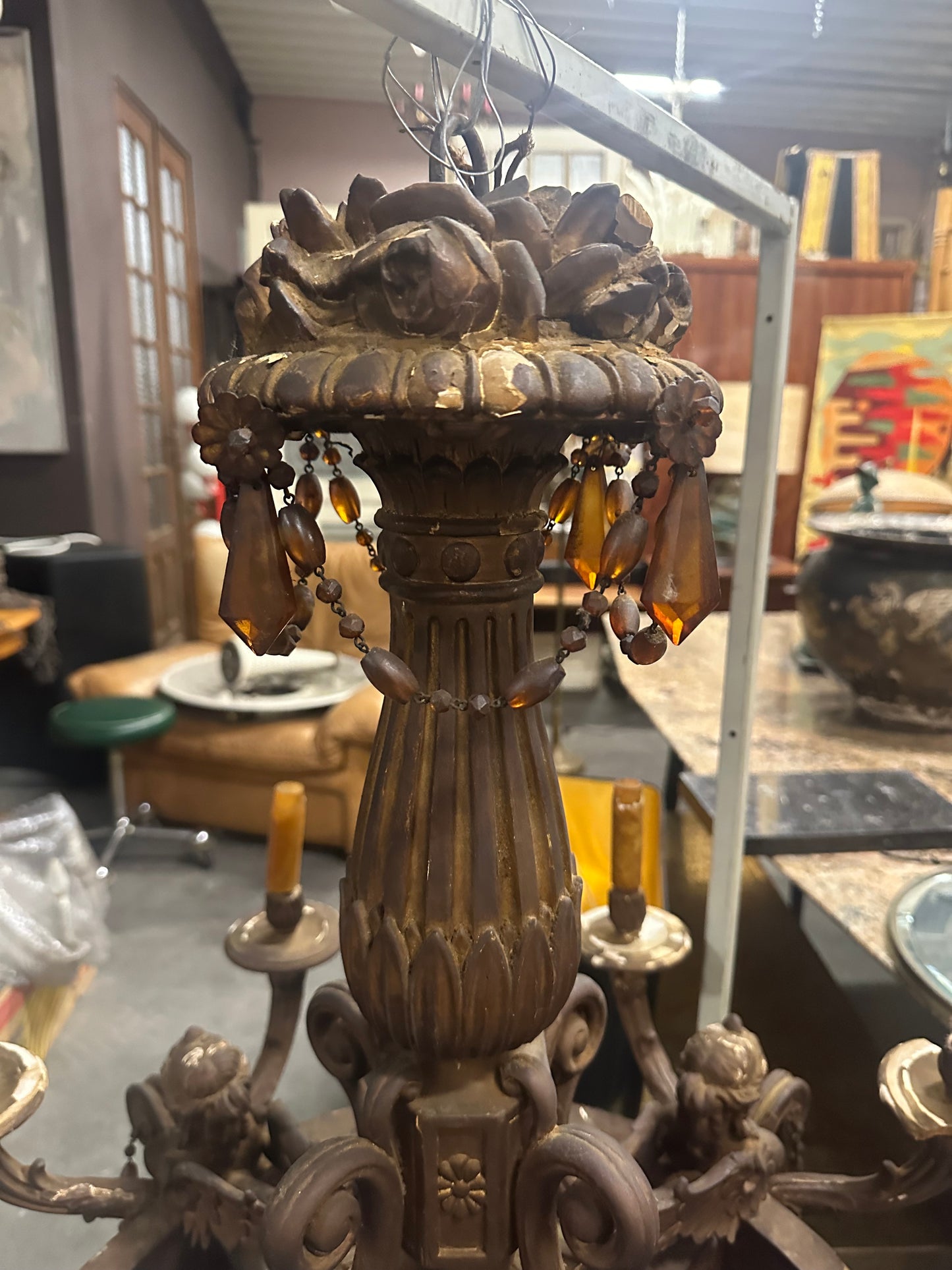 Stunning, Napoleon III, carved gilt wood chandelier with amber crystals