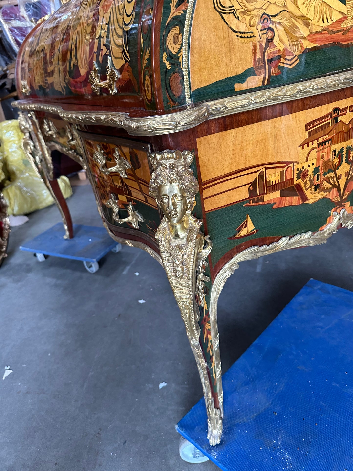 Beautiful, French inlaid bureau desk, with Roman scene