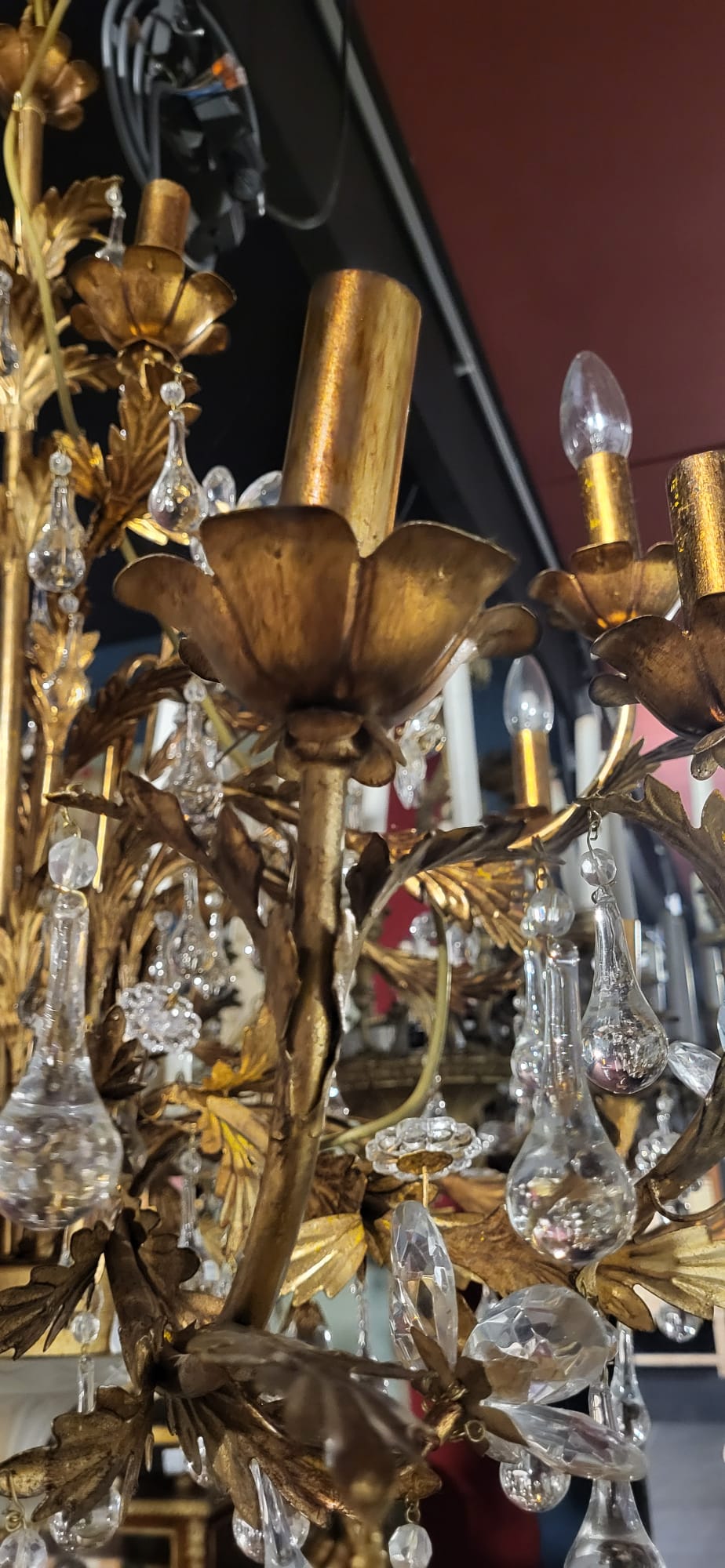 Stunning, Italian, 1930’s gilt metal, Murano crystal chandelier