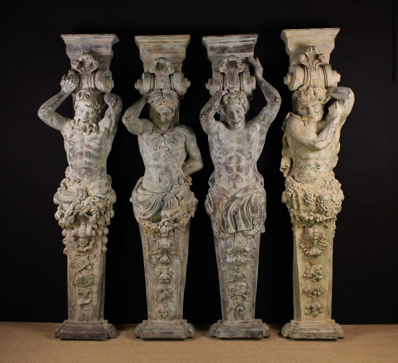 A set of x4, Monumental, 7ft tall, hand made 18thC bronze reclaimed figural pillars