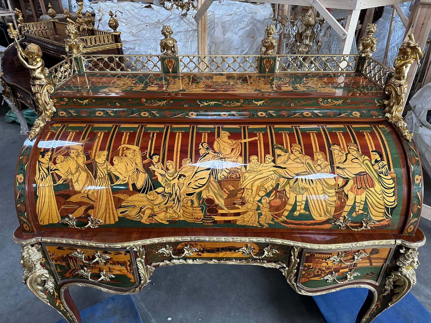 Beautiful, French inlaid bureau desk, with Roman scene