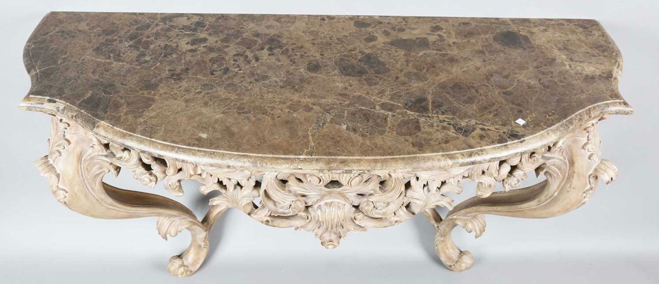 Matching pair of, French antique rococo 19thC marble top painted console tables (priced individually)