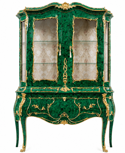 Stunning, French malachite and bronze Bombe display cabinet
