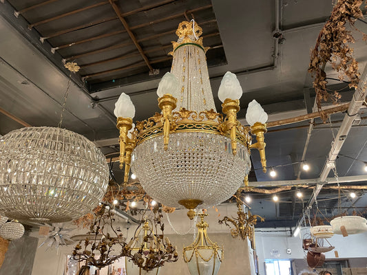 Stunning, French crystal empire chandelier with bronze detailing (pair available)