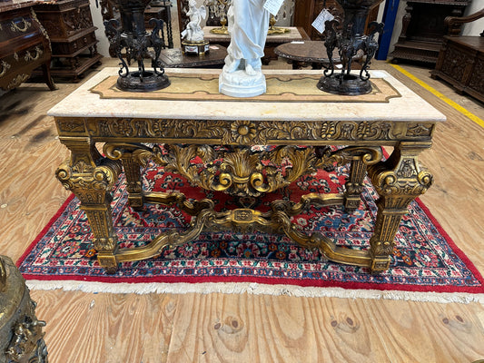 Stunning, French antique, gilt wood marble top, double sided console/centre table