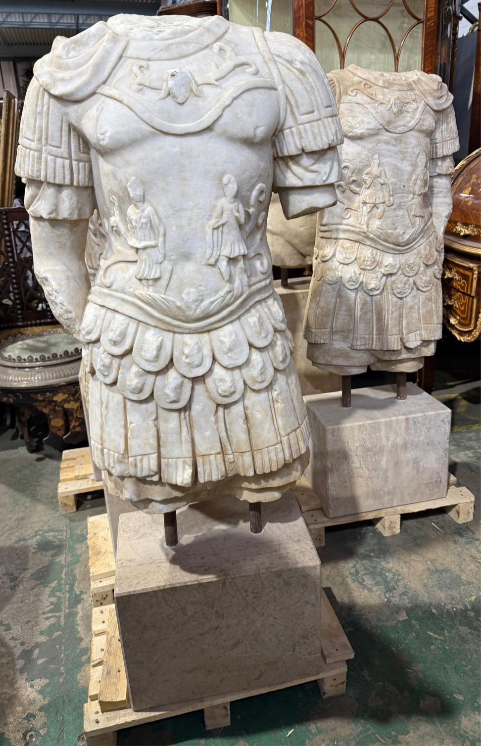 Pair of, Roman marble centurion busts on stands (priced individually)